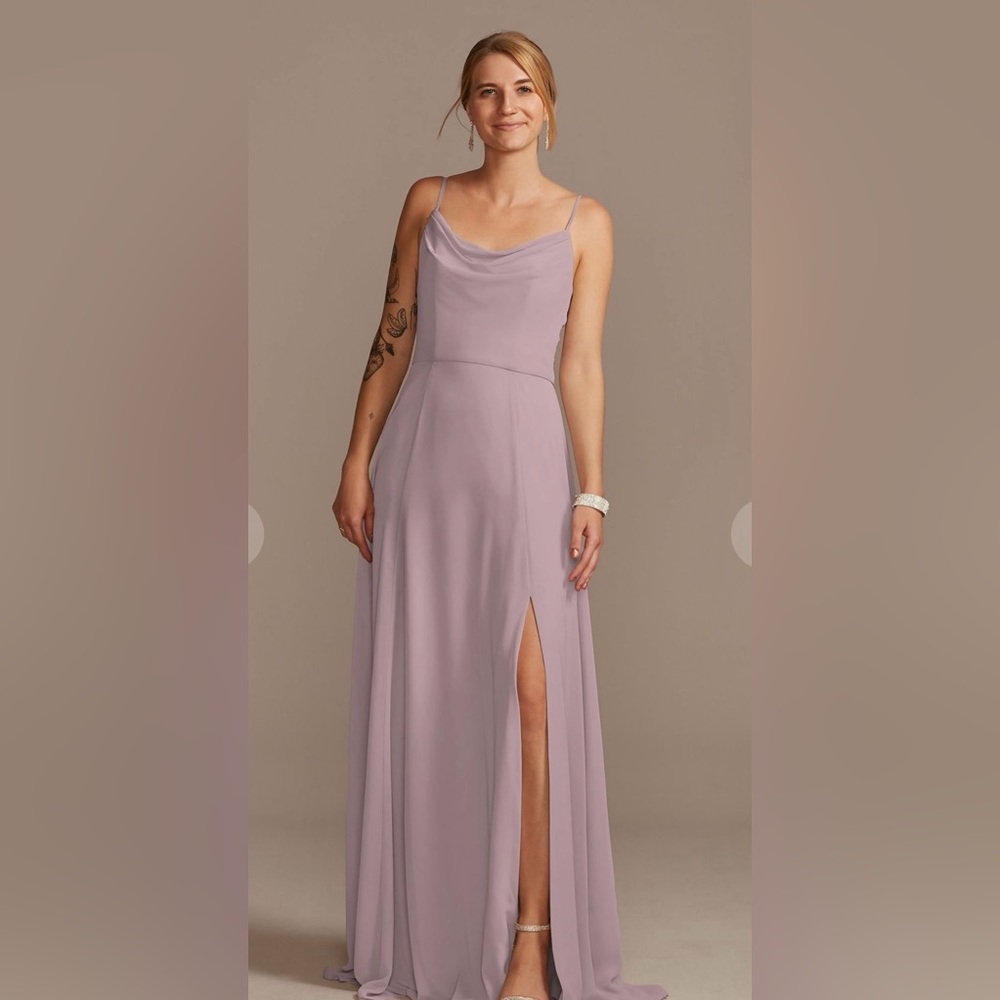 cowl neck chiffon bridesmaid dress with slit